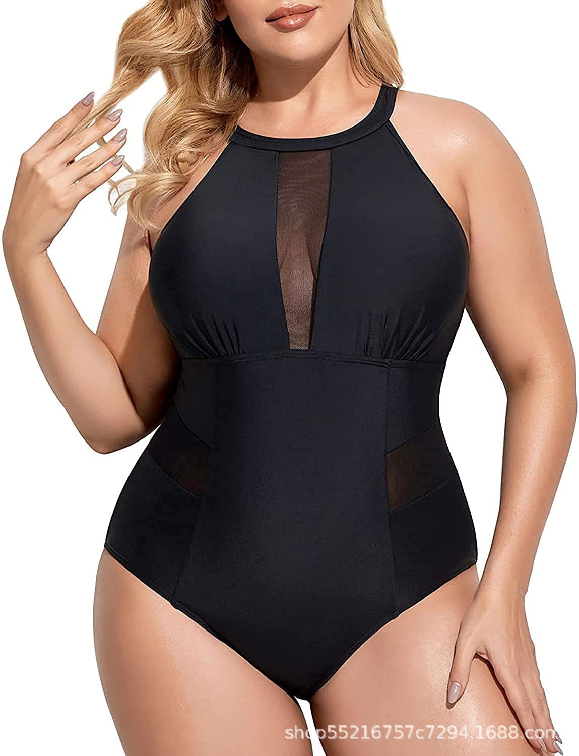 Women Plus Size One Piece Swimsuit High Neck Plunge Mesh Cut Out Bathing Suits